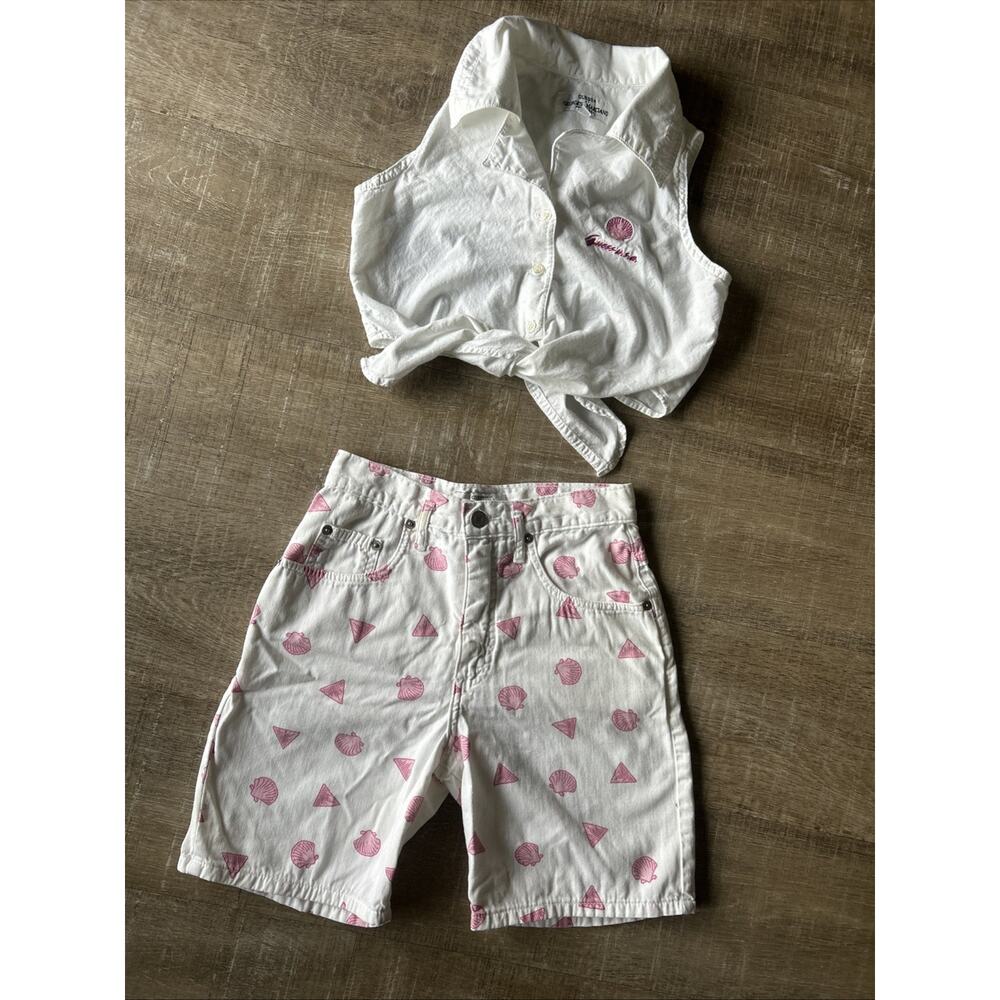 Vintage GUESS Georges Marciano Girls 12 Seashell Print Shorts Set 90s USA Rare